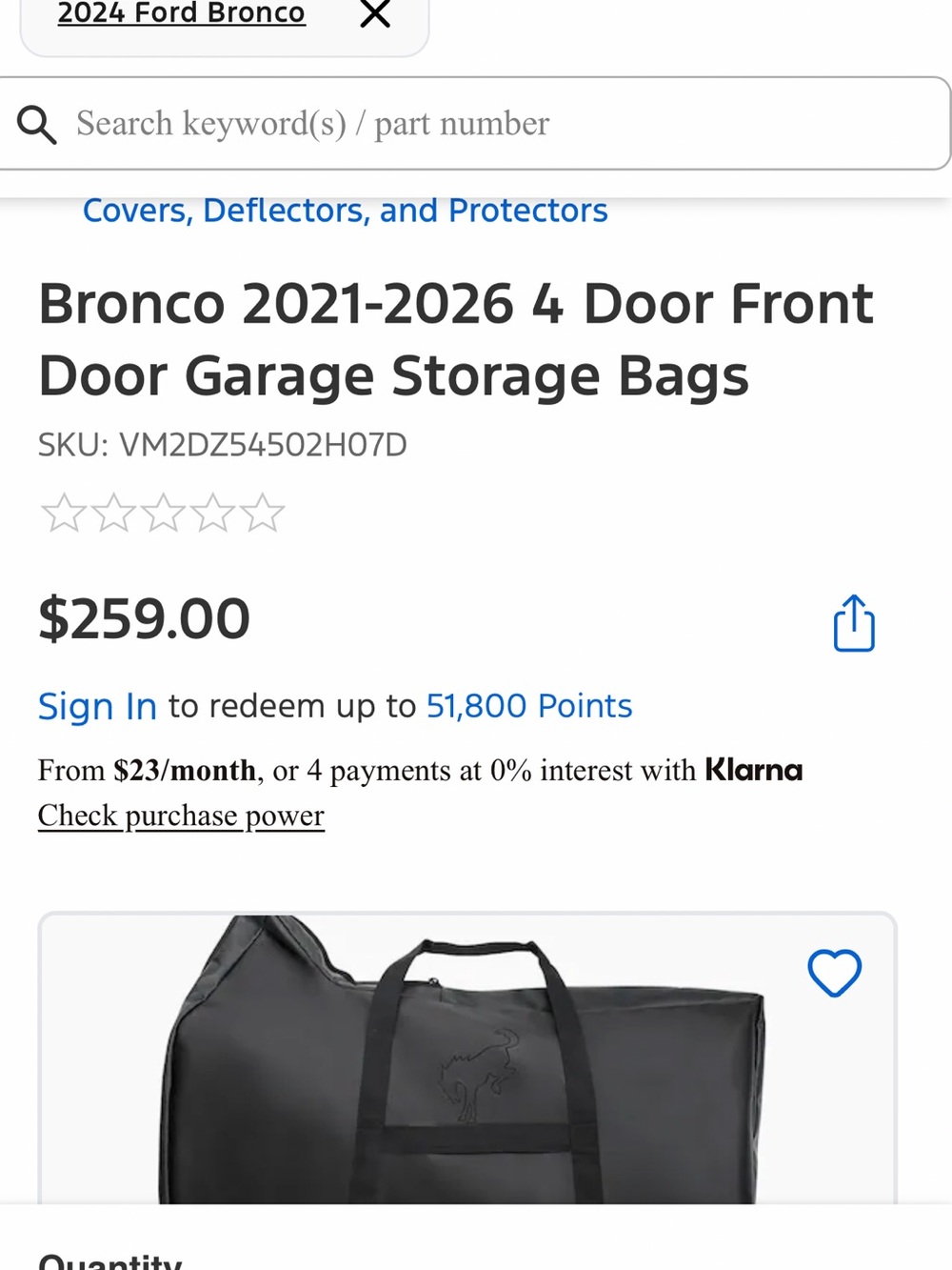 Bronco Front Door Garage Storage Bag — Black